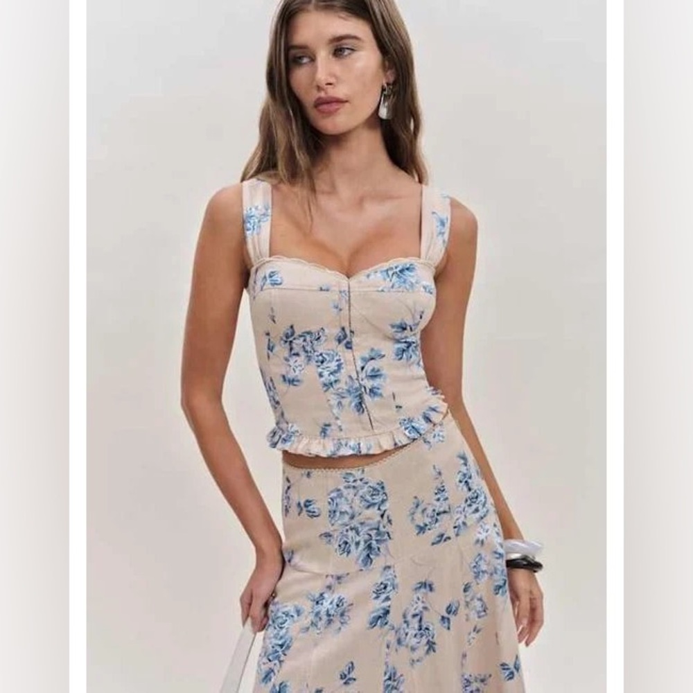 NEW Reformation Anatolia Linen Corset Two Piece Hugo Beige Blue Floral US 2 UK 6 - Picture 3 of 16